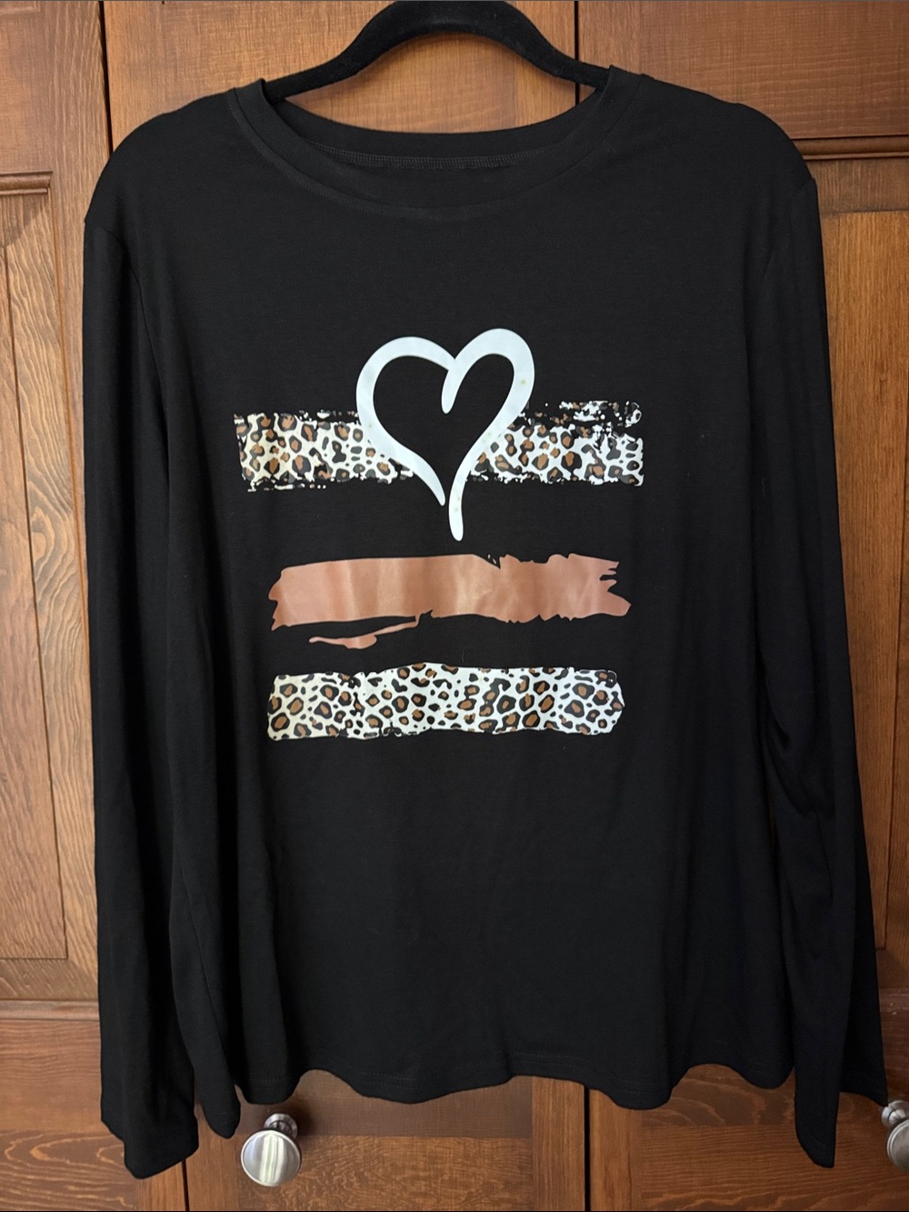 Black Long-Sleeve Top with Heart & Leopard Stripes